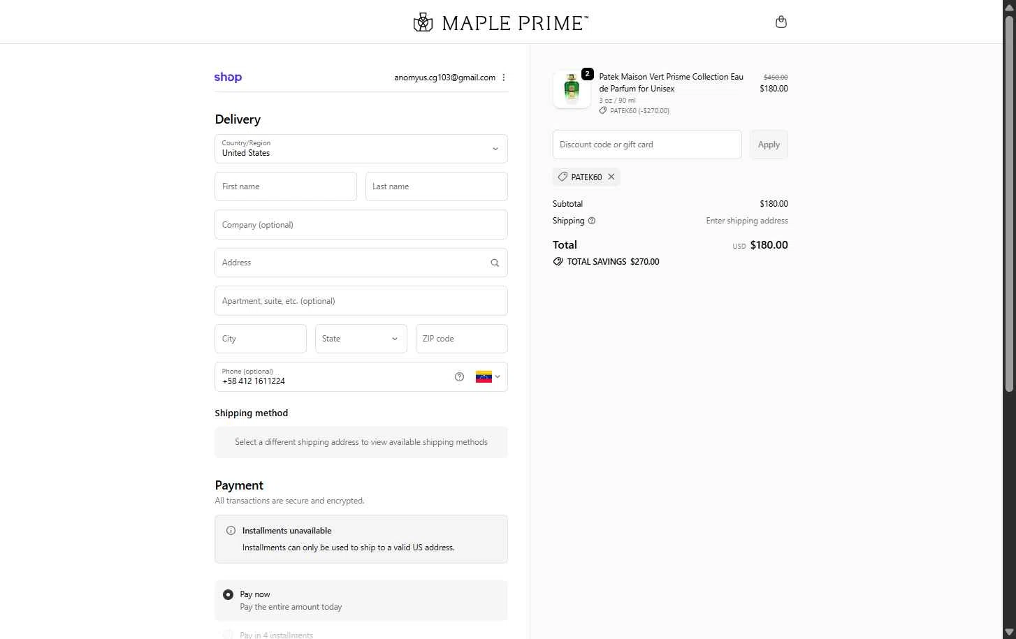 Maple Prime checkout page showing Maple Prime discount code box | Screenshot taken by SimplyCodes community member on Feb 7, 2026