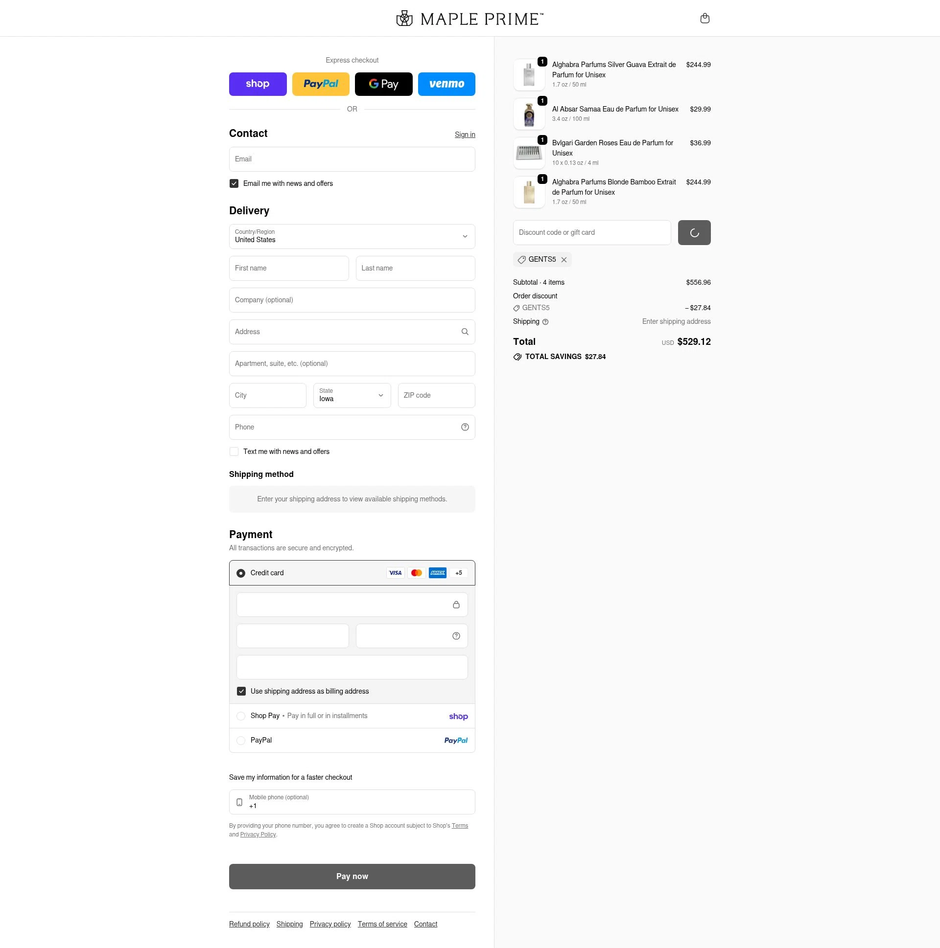 Maple Prime checkout page showing Maple Prime discount code box | Screenshot taken by SimplyCodes community member on Feb 13, 2026