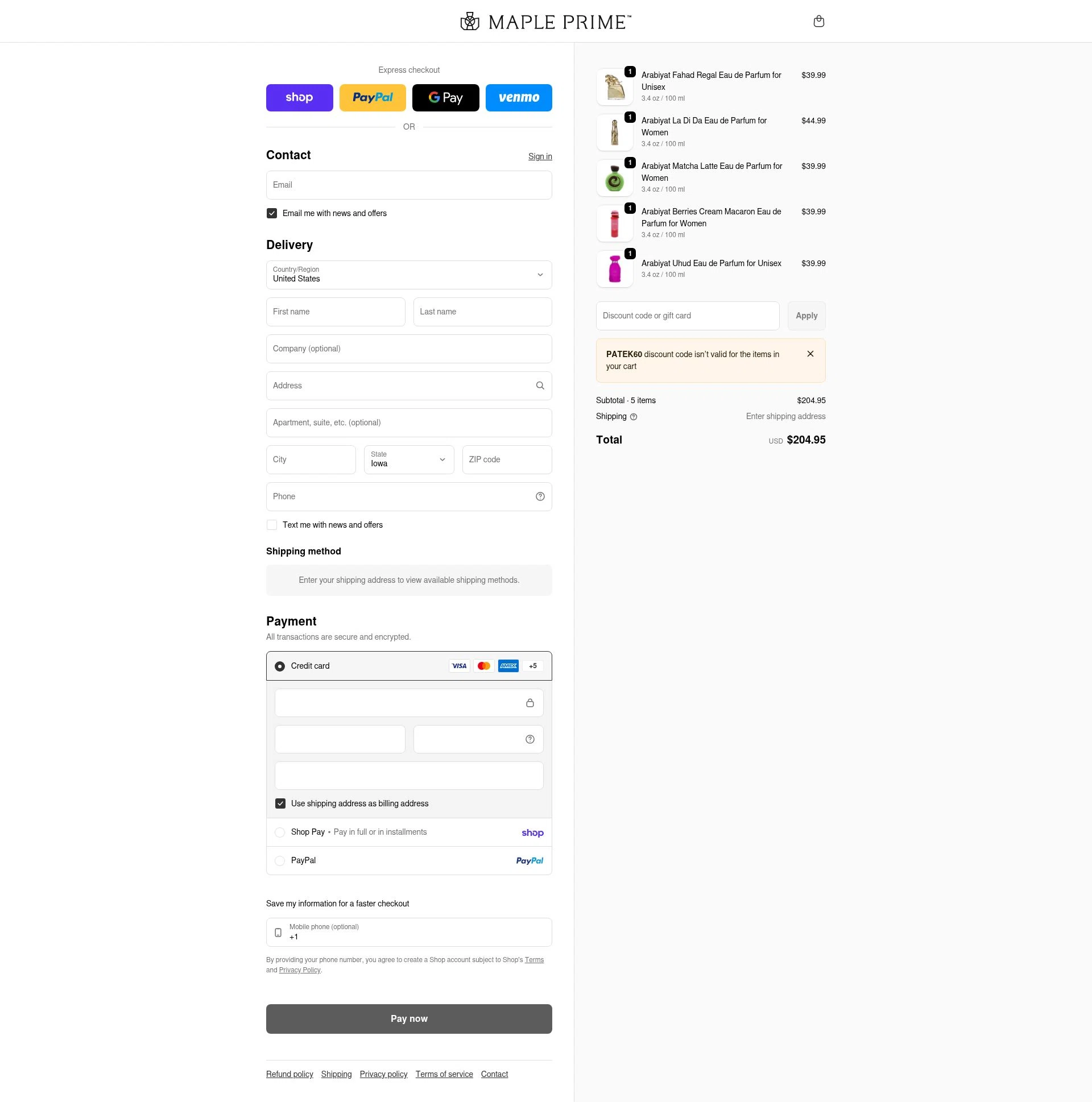 Maple Prime checkout page showing Maple Prime discount code box | Screenshot taken by SimplyCodes community member on Jan 31, 2026