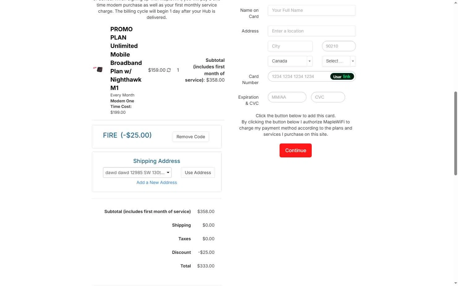 Maple WiFI checkout page showing Maple WiFI promo code box | Screenshot taken by SimplyCodes community member on Aug 22, 2025