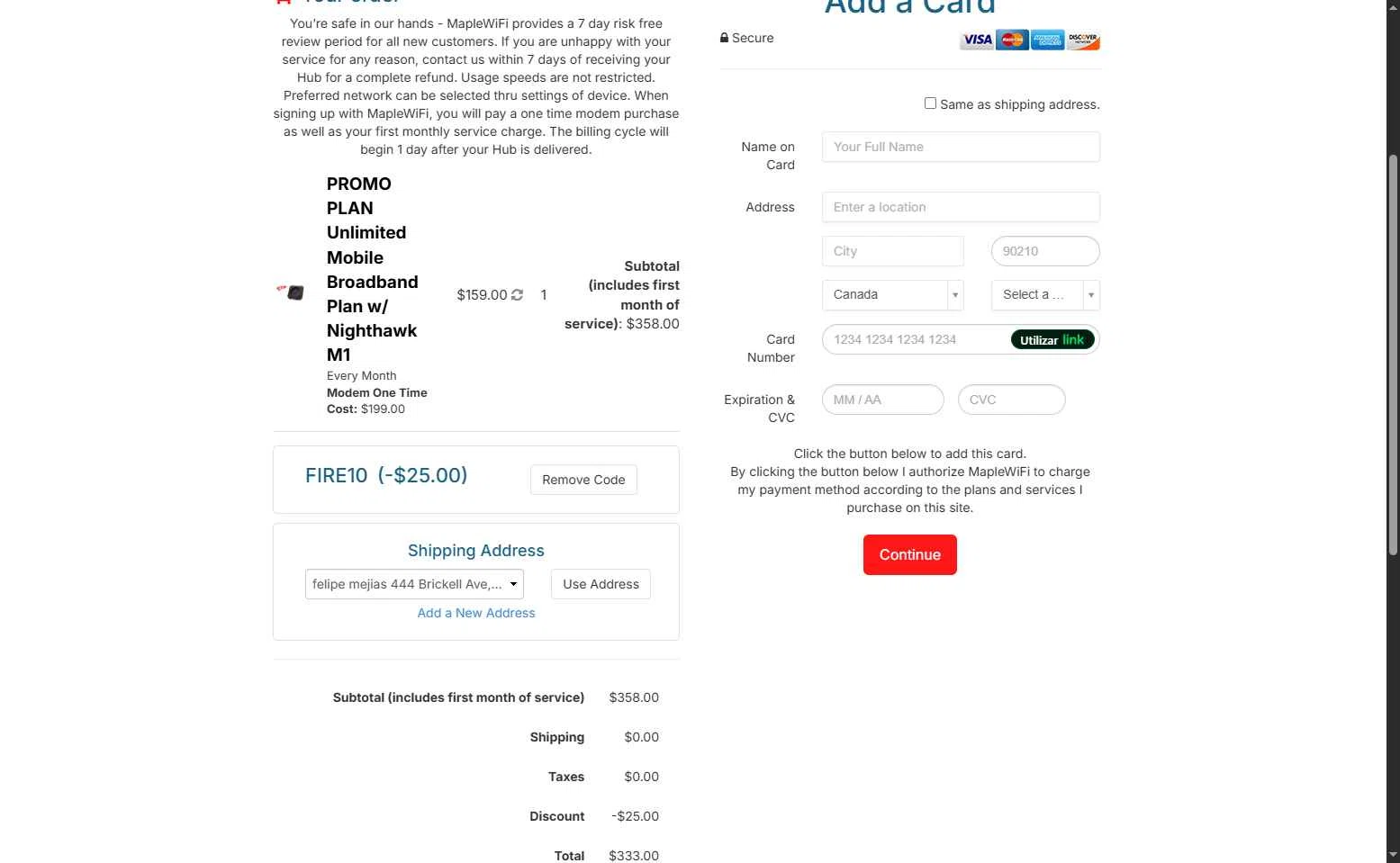 Maple WiFI checkout page showing Maple WiFI promo code box | Screenshot taken by SimplyCodes community member on Jun 21, 2025