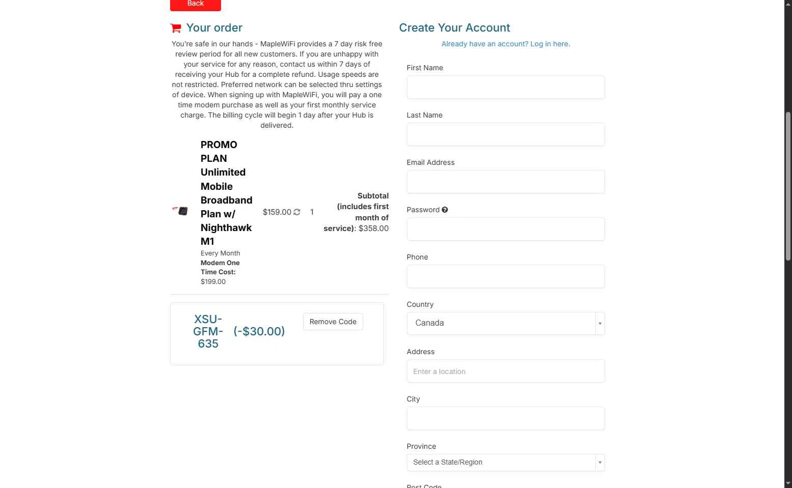 Maple WiFI checkout page showing Maple WiFI promo code box | Screenshot taken by SimplyCodes community member on Jun 21, 2025