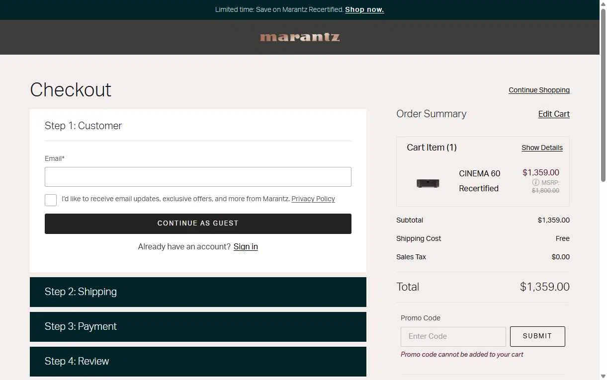 Marantz checkout page showing Marantz coupon code box | Screenshot taken by SimplyCodes community member on Aug 17, 2025