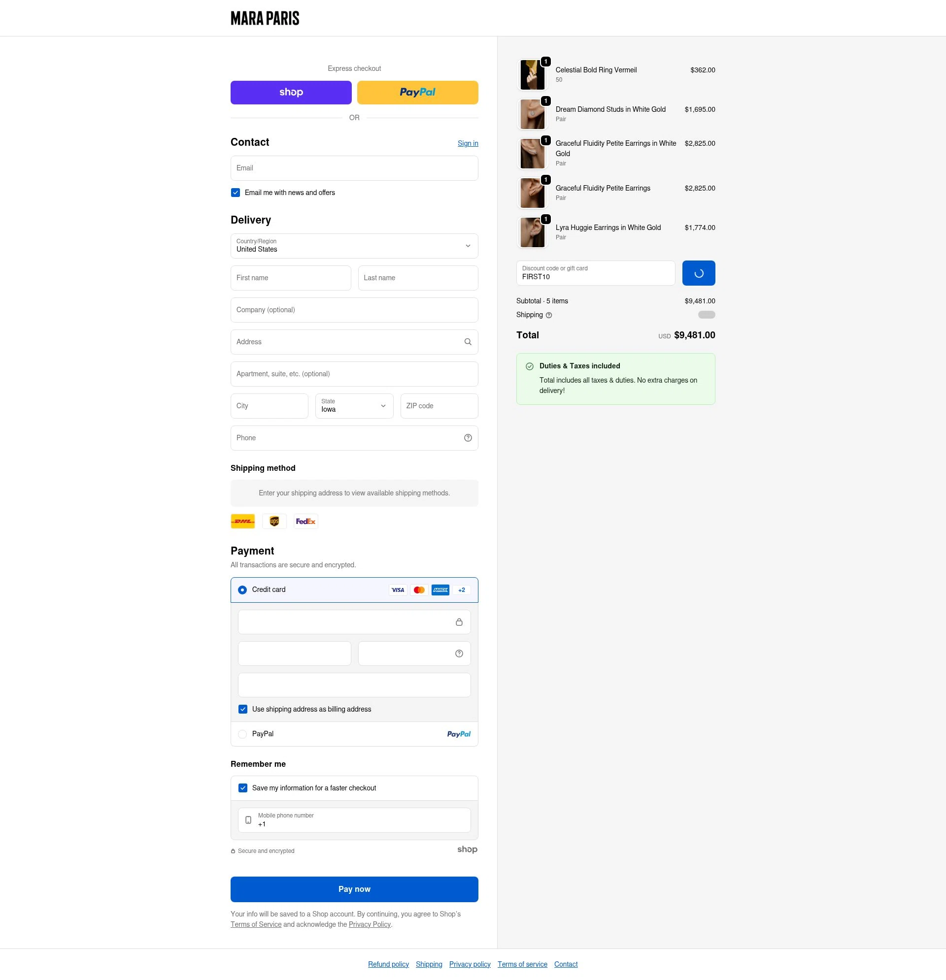 Mara Paris checkout page showing Mara Paris discount code box | Screenshot taken by SimplyCodes community member on Jan 22, 2026