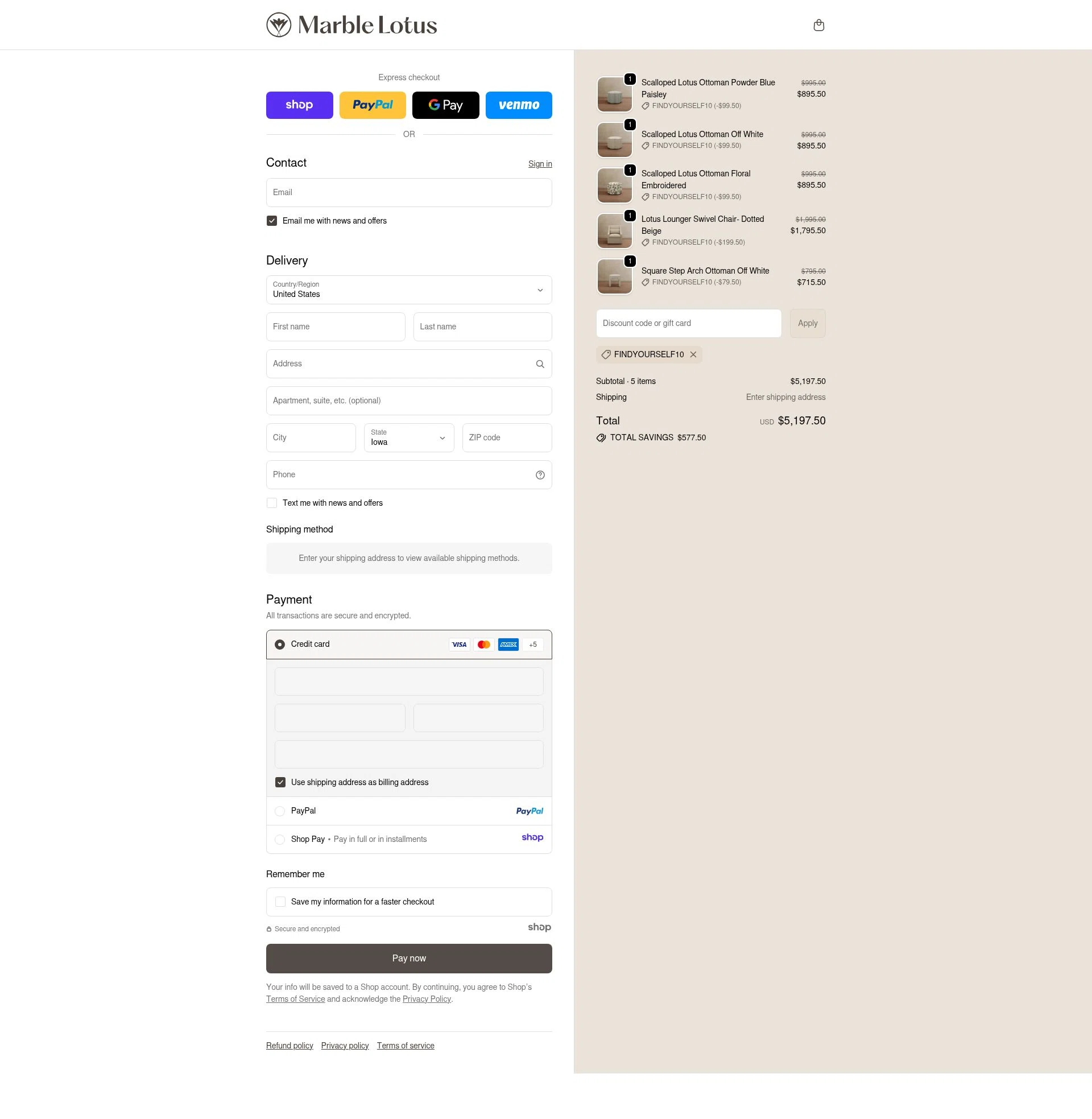 Marble Lotus checkout page showing Marble Lotus promo code box | Screenshot taken by SimplyCodes community member on Dec 15, 2025
