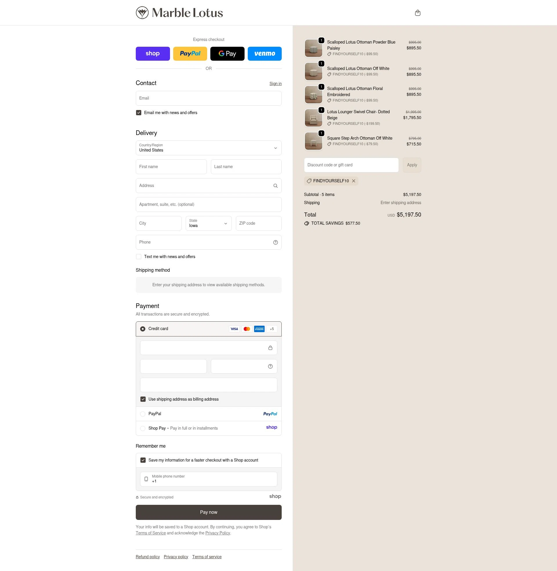 Marble Lotus checkout page showing Marble Lotus promo code box | Screenshot taken by SimplyCodes community member on Dec 4, 2025