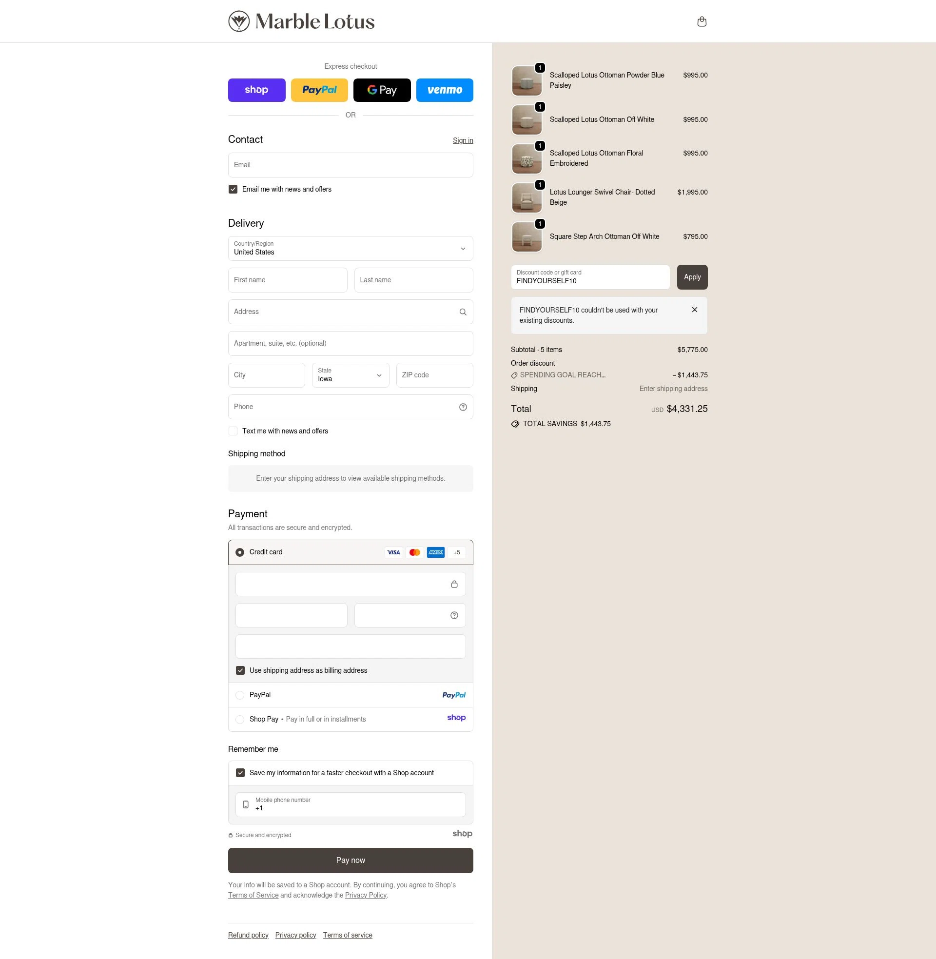 Marble Lotus checkout page showing Marble Lotus promo code box | Screenshot taken by SimplyCodes community member on Nov 23, 2025