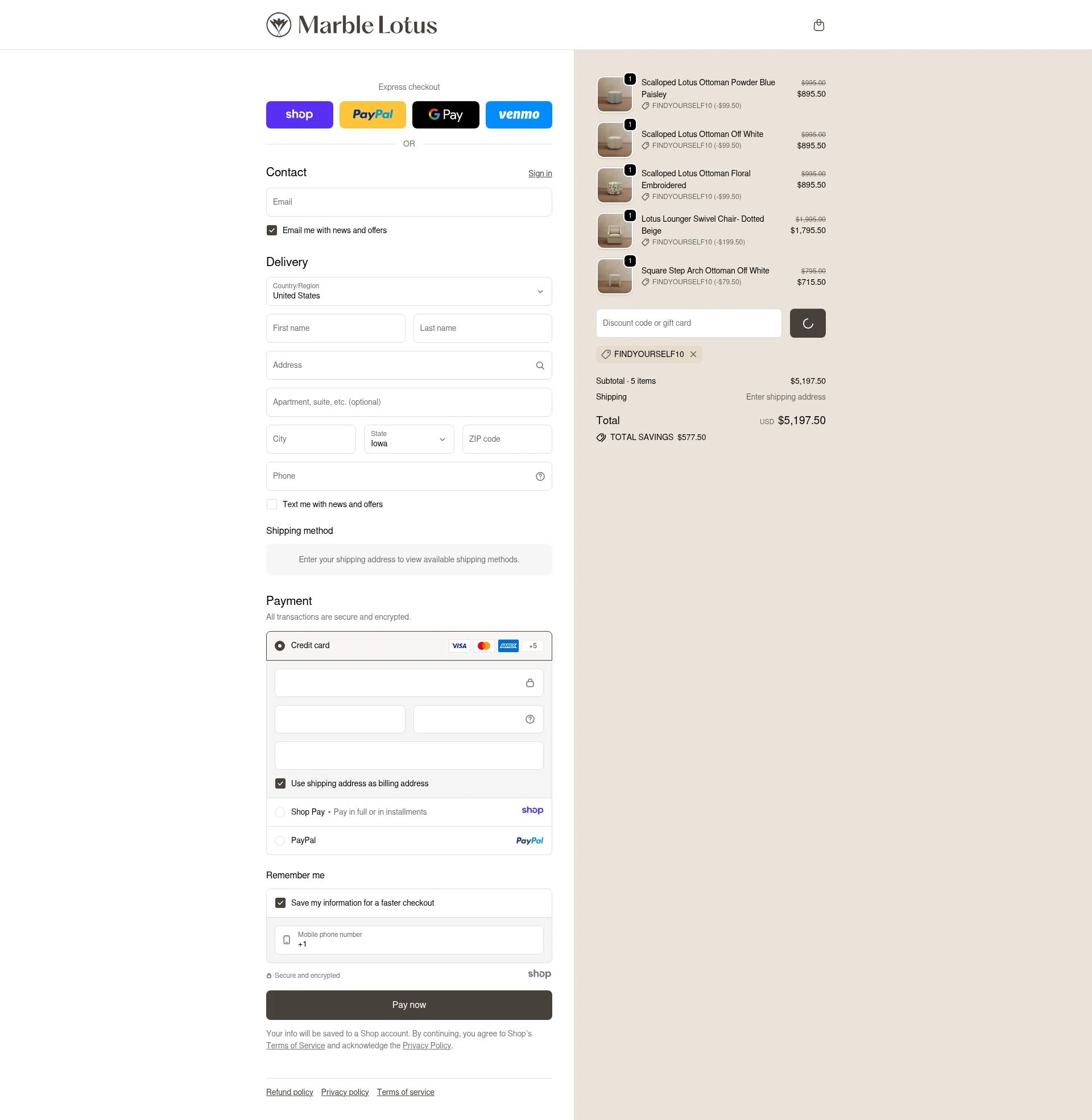 Marble Lotus checkout page showing Marble Lotus promo code box | Screenshot taken by SimplyCodes community member on Dec 22, 2025