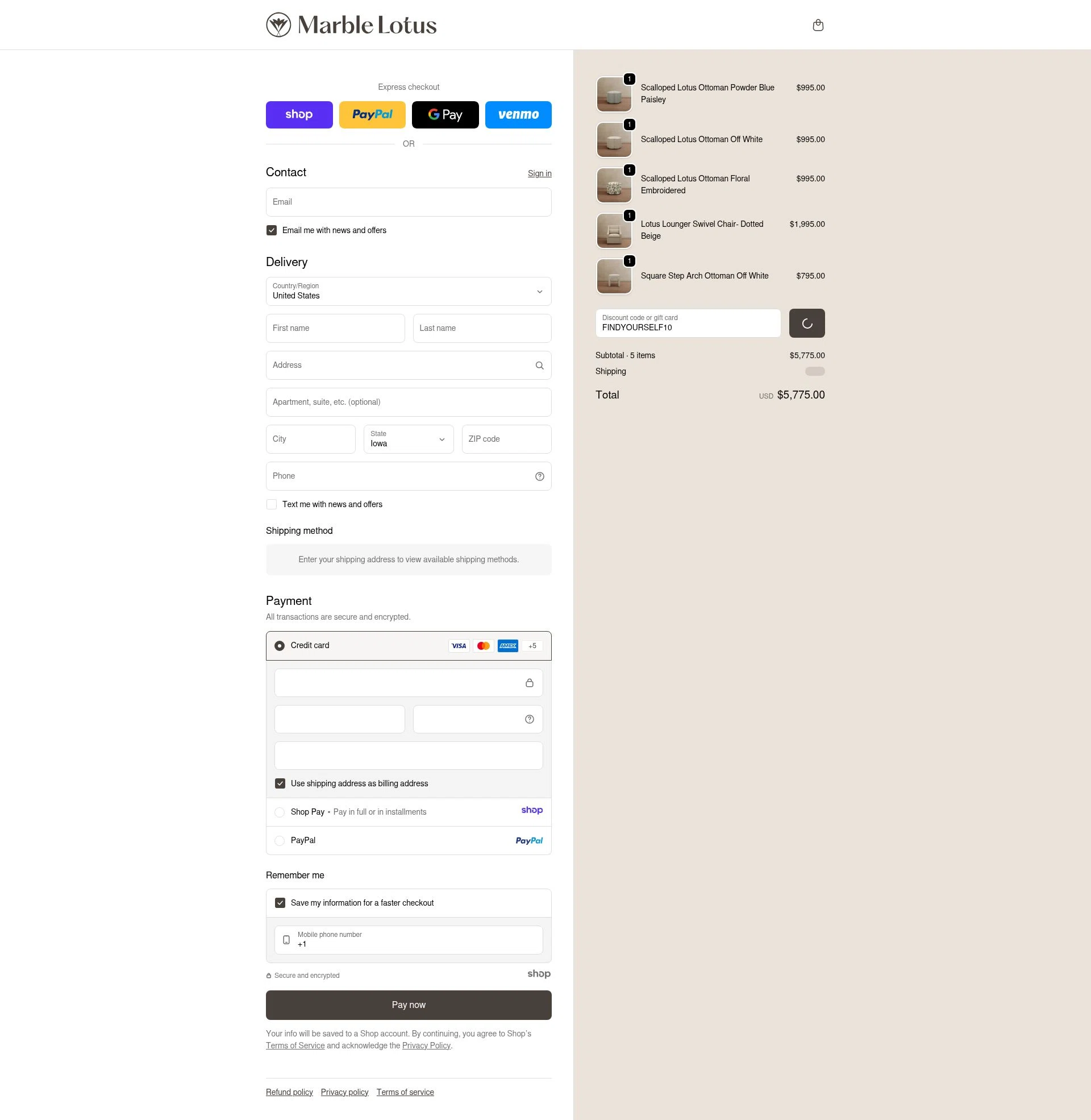 Marble Lotus checkout page showing Marble Lotus promo code box | Screenshot taken by SimplyCodes community member on Jan 6, 2026