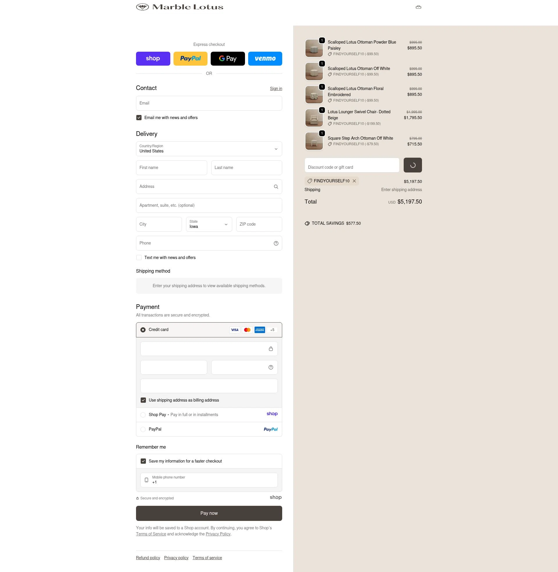 Marble Lotus checkout page showing Marble Lotus promo code box | Screenshot taken by SimplyCodes community member on Jan 11, 2026
