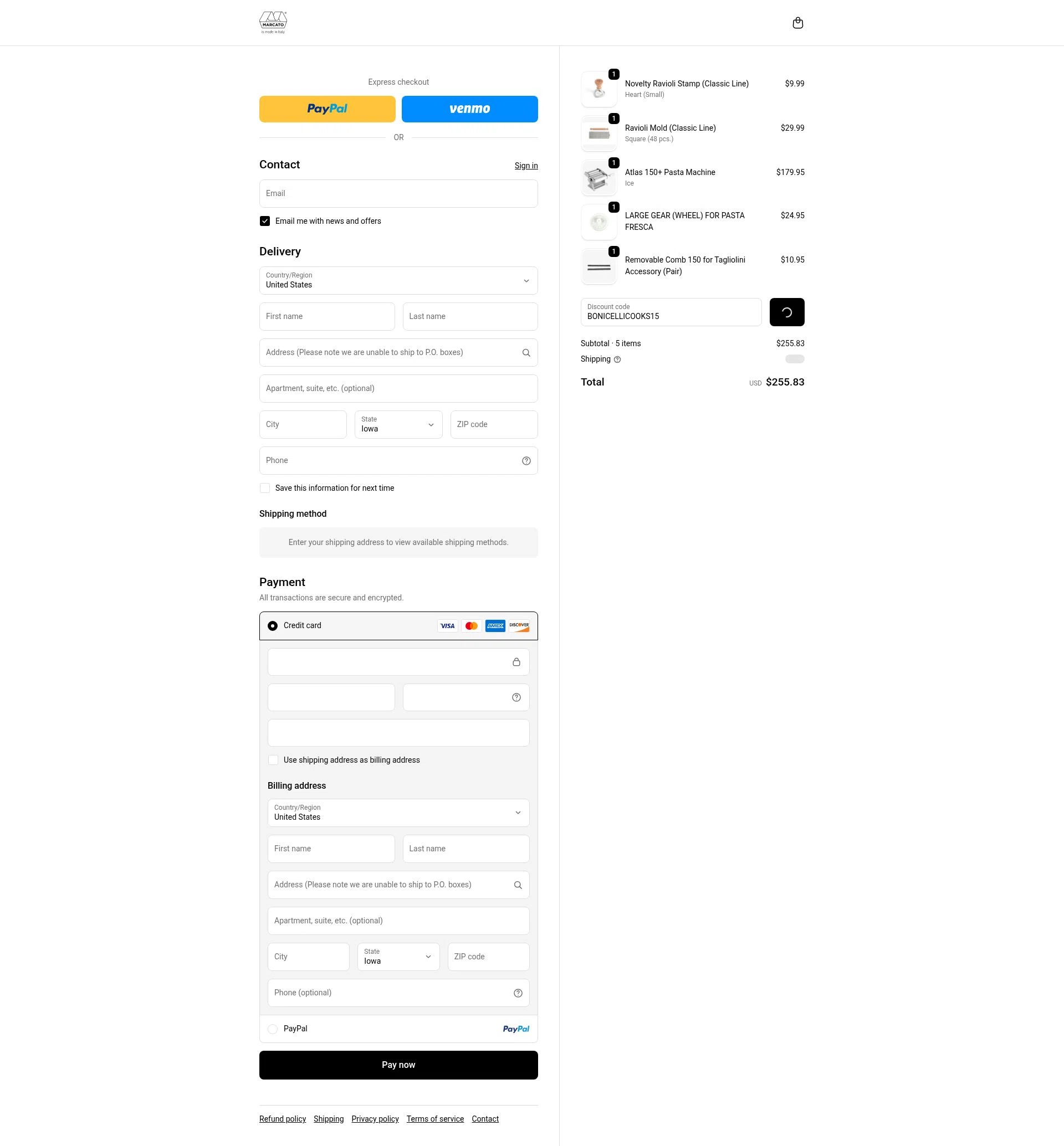 Marcato USA checkout page showing Marcato USA promo code box | Screenshot taken by SimplyCodes community member on Jan 10, 2026