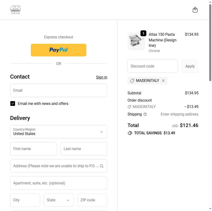 Marcato USA checkout page showing Marcato USA promo code box | Screenshot taken by SimplyCodes community member on Jan 5, 2026