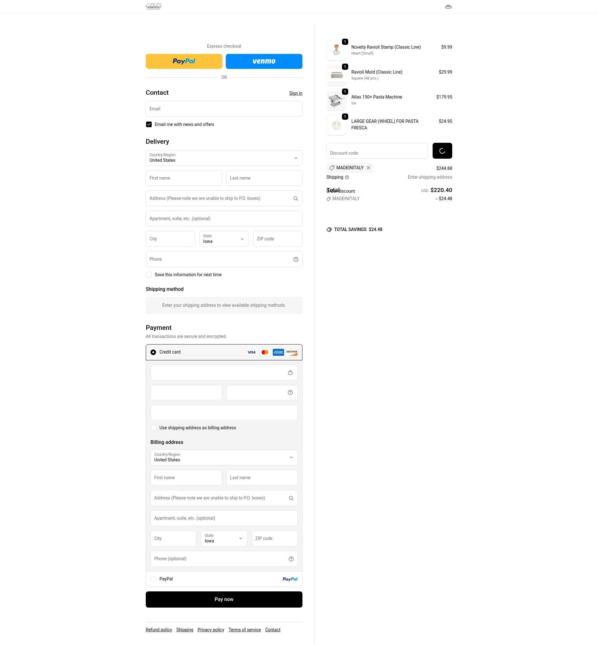 Marcato USA checkout page showing Marcato USA promo code box | Screenshot taken by SimplyCodes community member on Jan 5, 2026