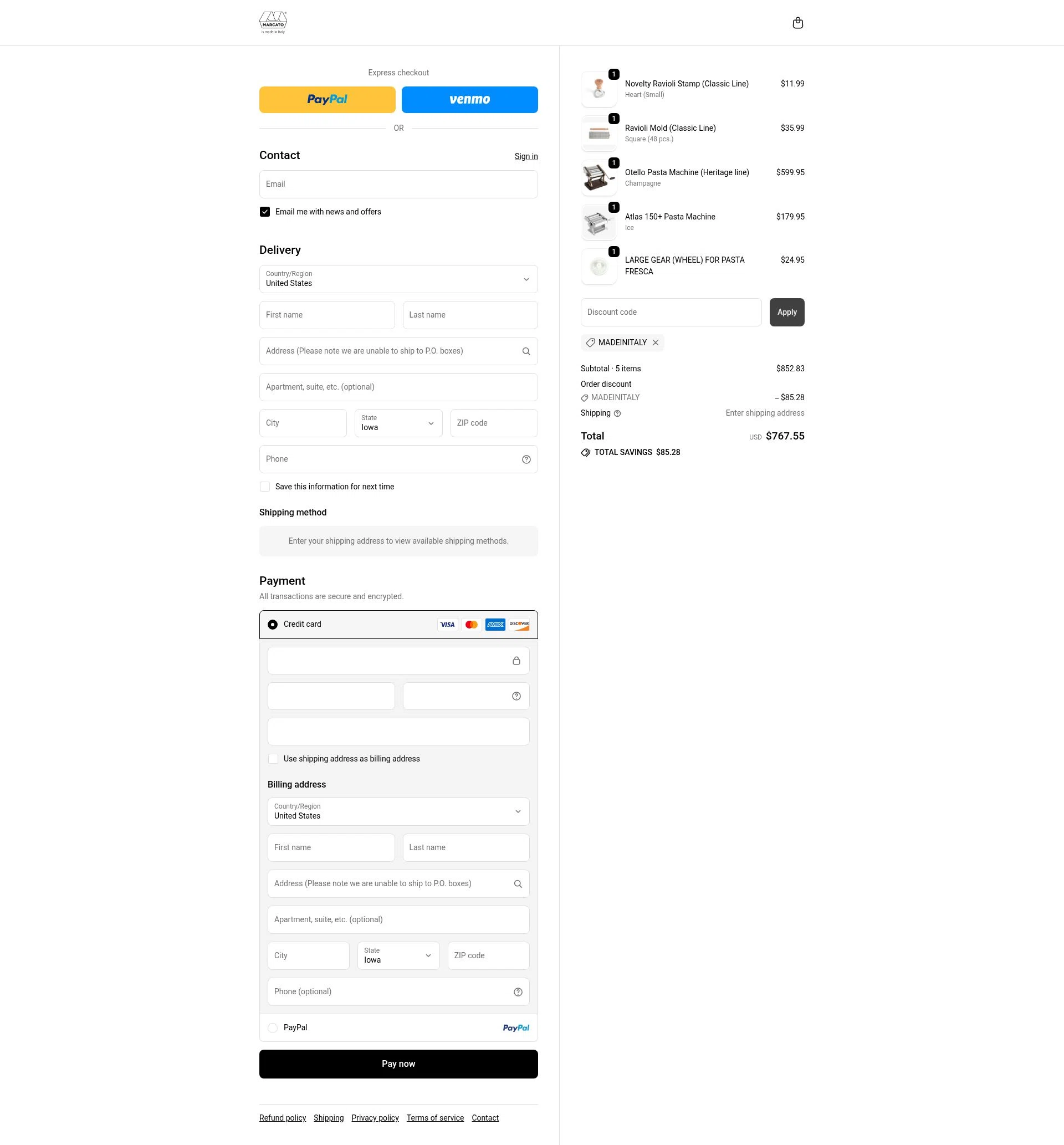 Marcato USA checkout page showing Marcato USA promo code box | Screenshot taken by SimplyCodes community member on Dec 8, 2025