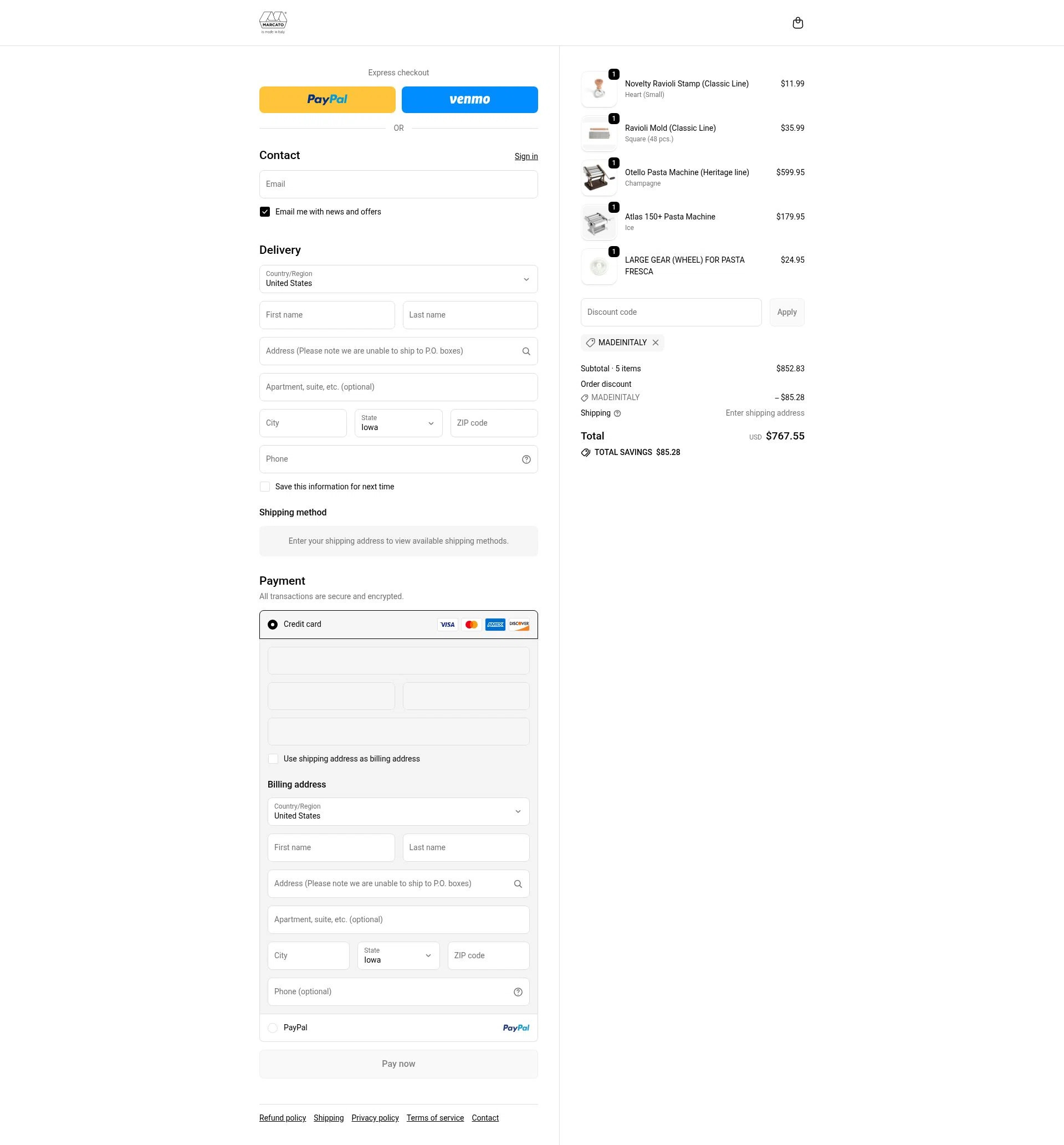 Marcato USA checkout page showing Marcato USA promo code box | Screenshot taken by SimplyCodes community member on Dec 13, 2025
