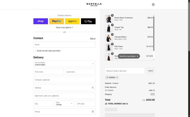 Marcella NYC. checkout page showing Marcella NYC. discount code box | Screenshot taken by SimplyCodes community member on Sep 12, 2025