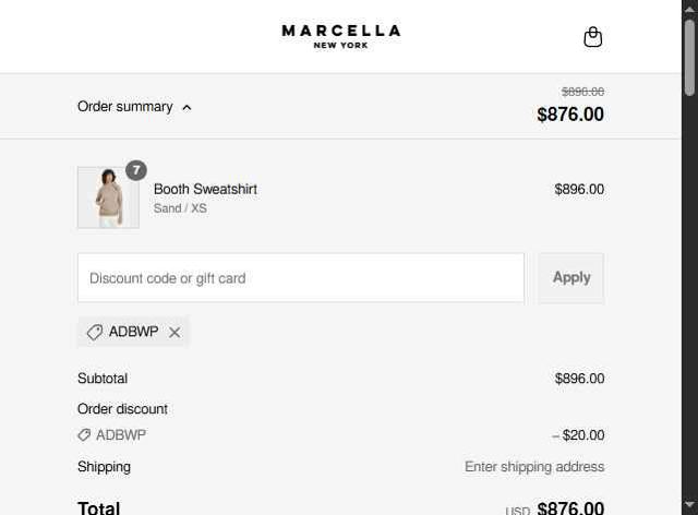 Marcella NYC. checkout page showing Marcella NYC. discount code box | Screenshot taken by SimplyCodes community member on Sep 12, 2025