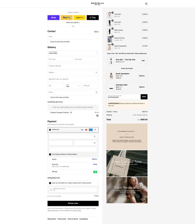 Marcella NYC. checkout page showing Marcella NYC. discount code box | Screenshot taken by SimplyCodes community member on Sep 12, 2025