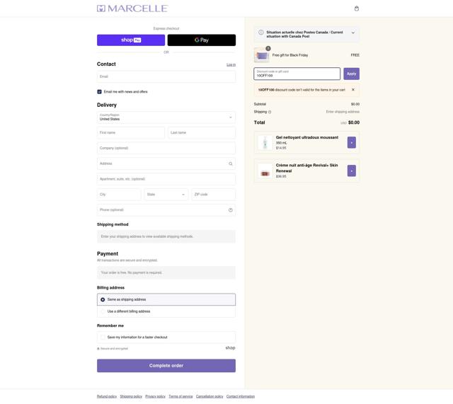 Marcelle checkout page showing Marcelle coupon code box | Screenshot taken by SimplyCodes community member on Dec 11, 2024