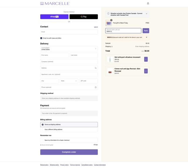 Marcelle checkout page showing Marcelle coupon code box | Screenshot taken by SimplyCodes community member on Dec 11, 2024
