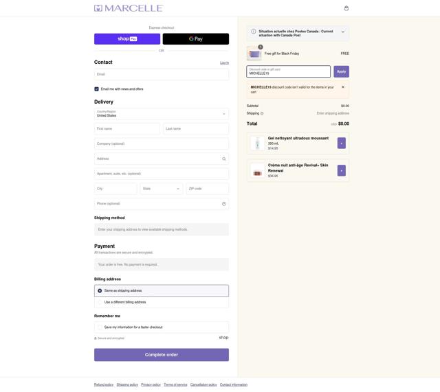 Marcelle checkout page showing Marcelle coupon code box | Screenshot taken by SimplyCodes community member on Dec 11, 2024