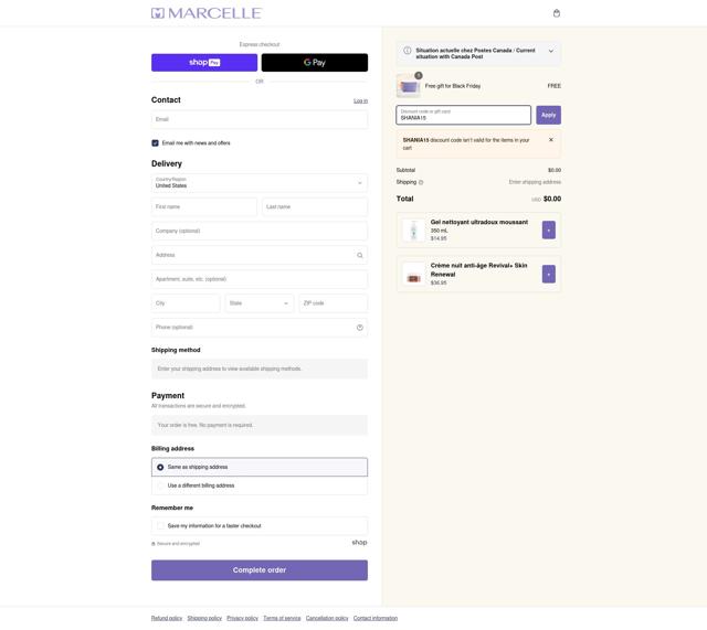 Marcelle checkout page showing Marcelle coupon code box | Screenshot taken by SimplyCodes community member on Dec 11, 2024