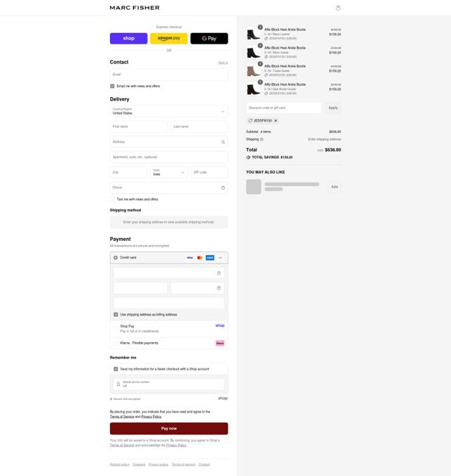 Marc Fisher checkout page showing Marc Fisher discount code box | Screenshot taken by SimplyCodes community member on Sep 12, 2025