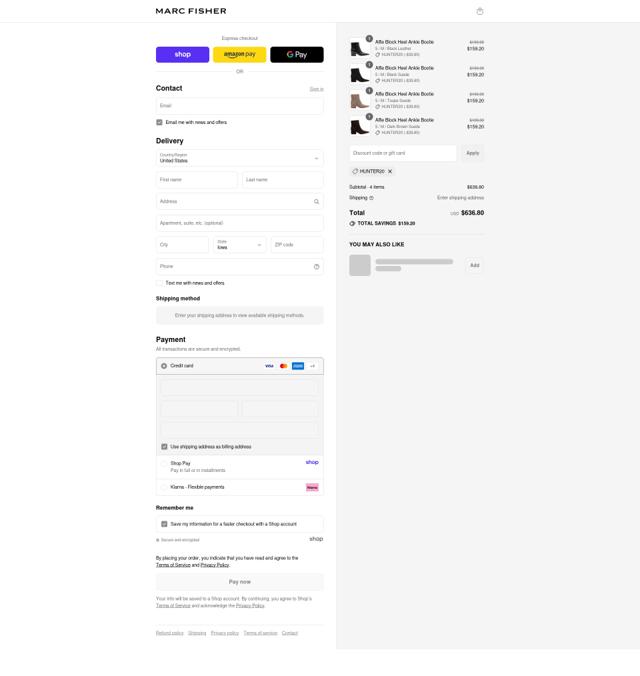 Marc Fisher checkout page showing Marc Fisher discount code box | Screenshot taken by SimplyCodes community member on Sep 12, 2025