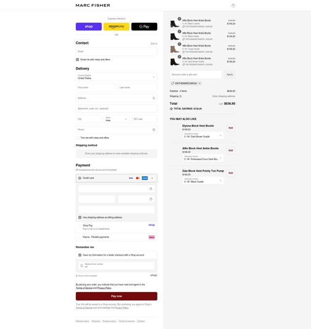 Marc Fisher checkout page showing Marc Fisher discount code box | Screenshot taken by SimplyCodes community member on Sep 12, 2025