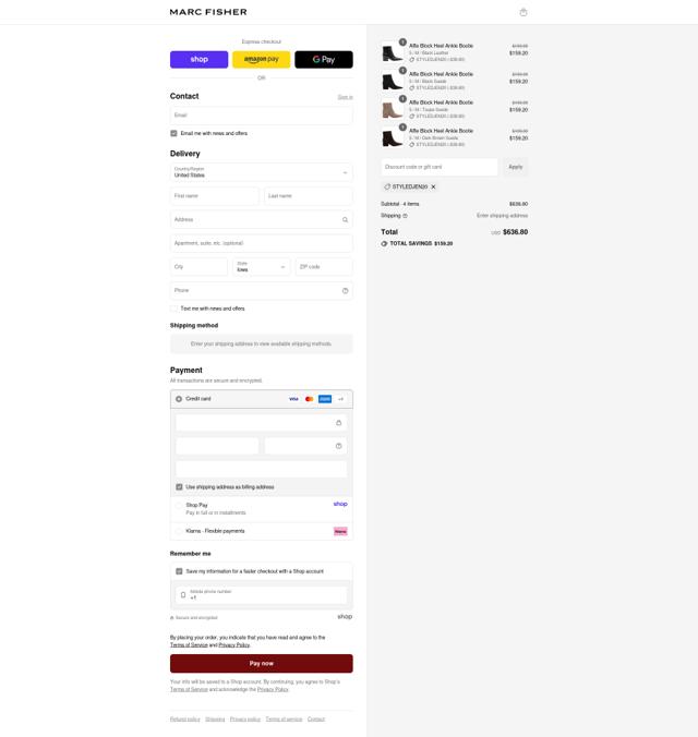 Marc Fisher checkout page showing Marc Fisher discount code box | Screenshot taken by SimplyCodes community member on Sep 12, 2025