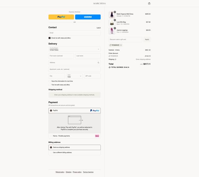 Marchesa checkout page showing Marchesa promo code box | Screenshot taken by SimplyCodes community member on Aug 5, 2025