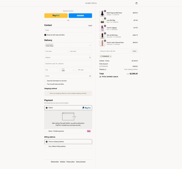 Marchesa checkout page showing Marchesa promo code box | Screenshot taken by SimplyCodes community member on Jul 27, 2025