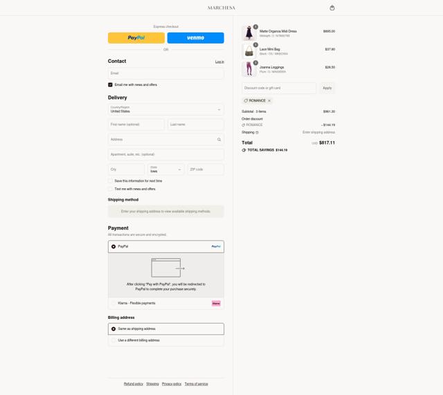 Marchesa checkout page showing Marchesa promo code box | Screenshot taken by SimplyCodes community member on Aug 17, 2025