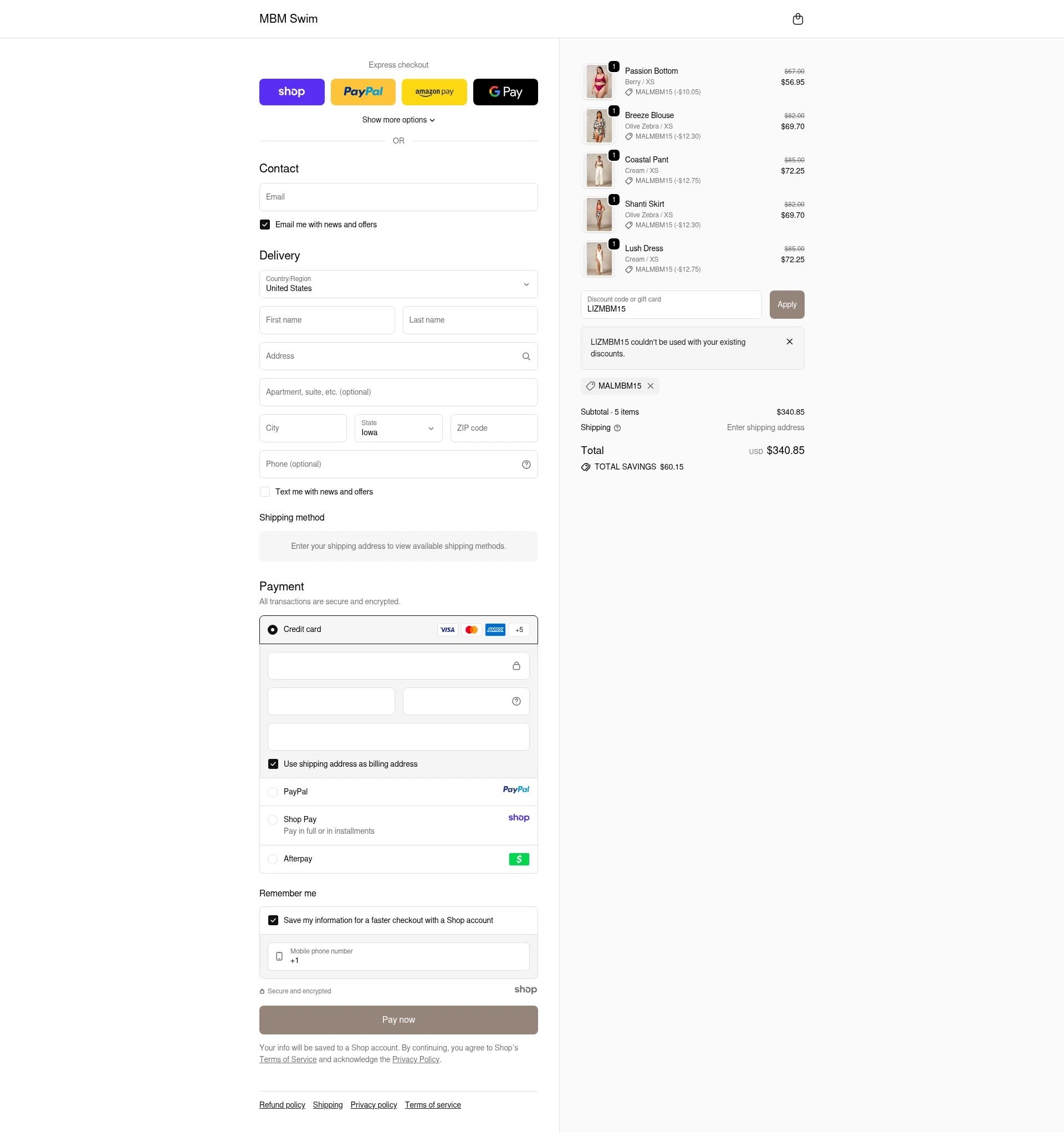 MBM Swim checkout page showing MBM Swim discount code box | Screenshot taken by SimplyCodes community member on Oct 10, 2025
