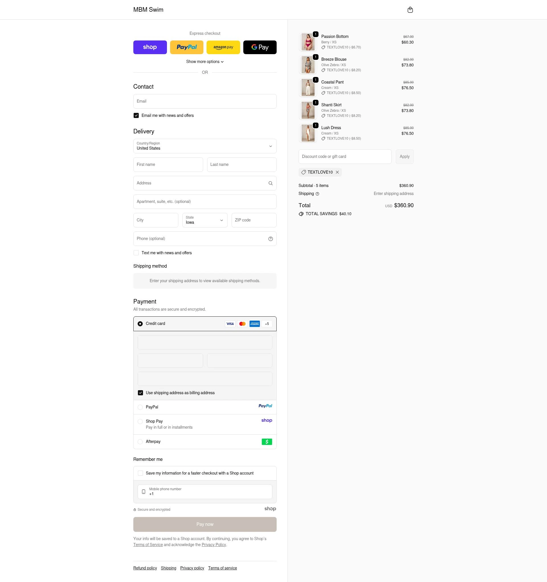 MBM Swim checkout page showing MBM Swim discount code box | Screenshot taken by SimplyCodes community member on Oct 10, 2025