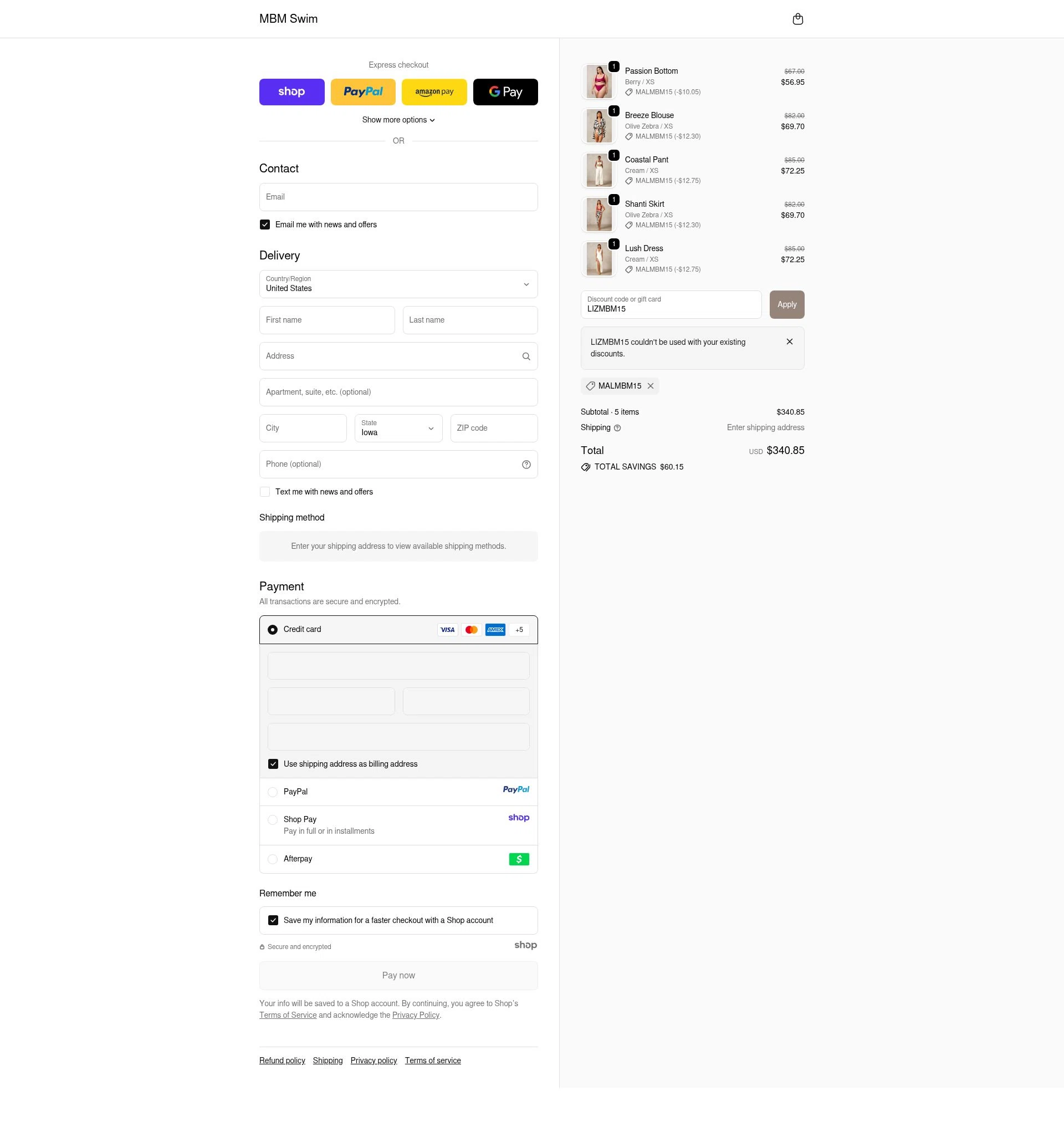 MBM Swim checkout page showing MBM Swim discount code box | Screenshot taken by SimplyCodes community member on Oct 14, 2025