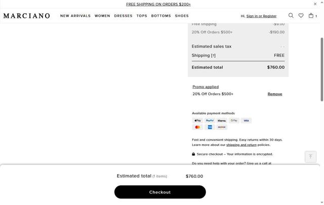 Marciano checkout page showing Marciano promo code box | Screenshot taken by SimplyCodes community member on Jul 19, 2025