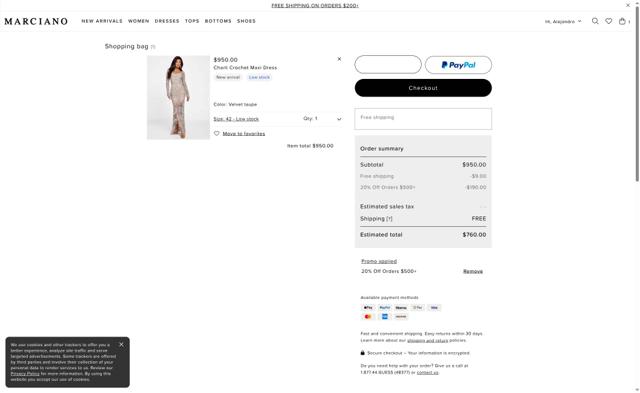 Marciano checkout page showing Marciano promo code box | Screenshot taken by SimplyCodes community member on Jul 19, 2025
