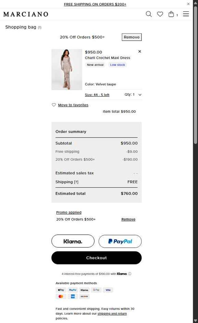 Marciano checkout page showing Marciano promo code box | Screenshot taken by SimplyCodes community member on Jul 19, 2025