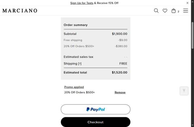Marciano checkout page showing Marciano promo code box | Screenshot taken by SimplyCodes community member on Aug 17, 2025