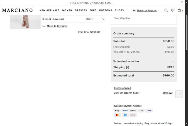 Marciano checkout page showing Marciano promo code box | Screenshot taken by SimplyCodes community member on Jul 19, 2025