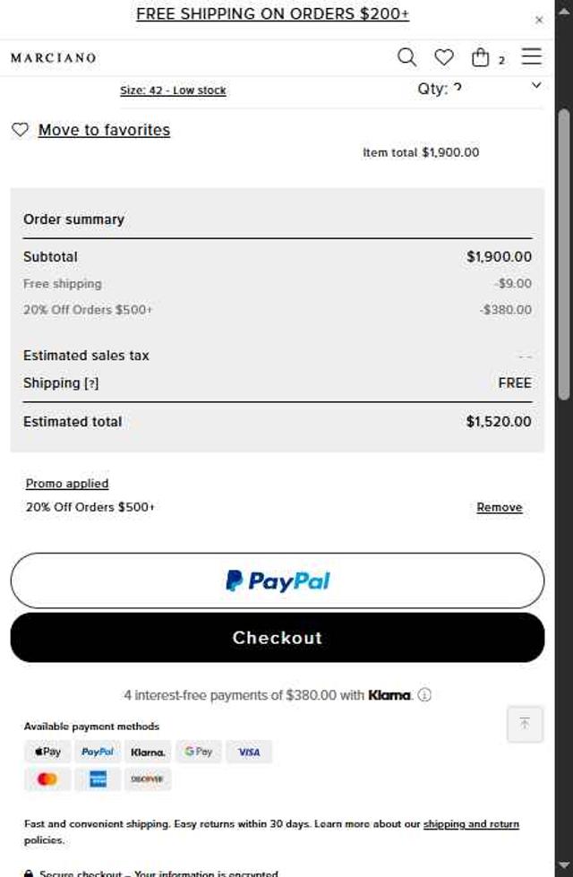 Marciano checkout page showing Marciano promo code box | Screenshot taken by SimplyCodes community member on Jul 19, 2025