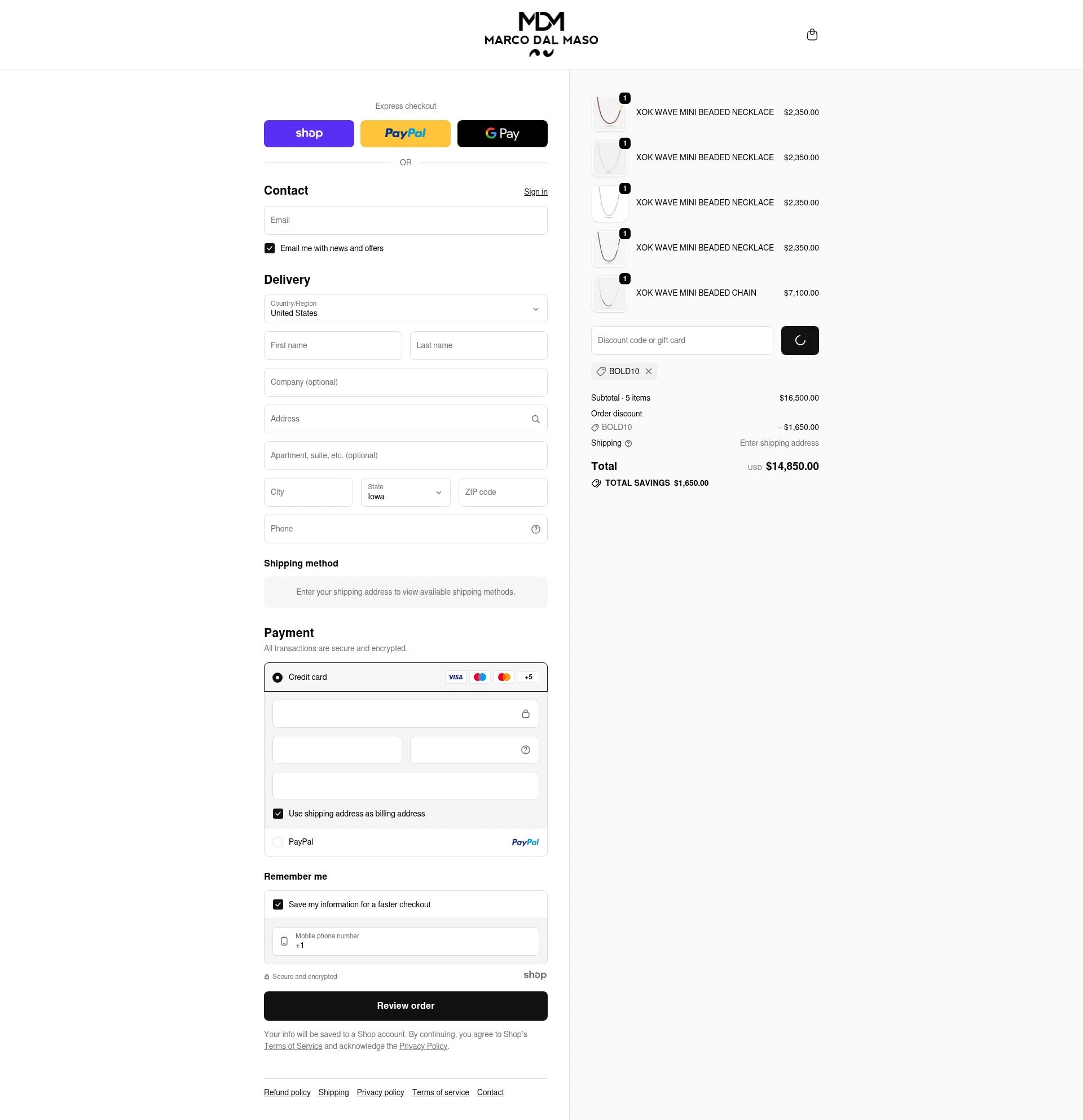 MARCO DAL MASO checkout page showing MARCO DAL MASO promo code box | Screenshot taken by SimplyCodes community member on Dec 28, 2025