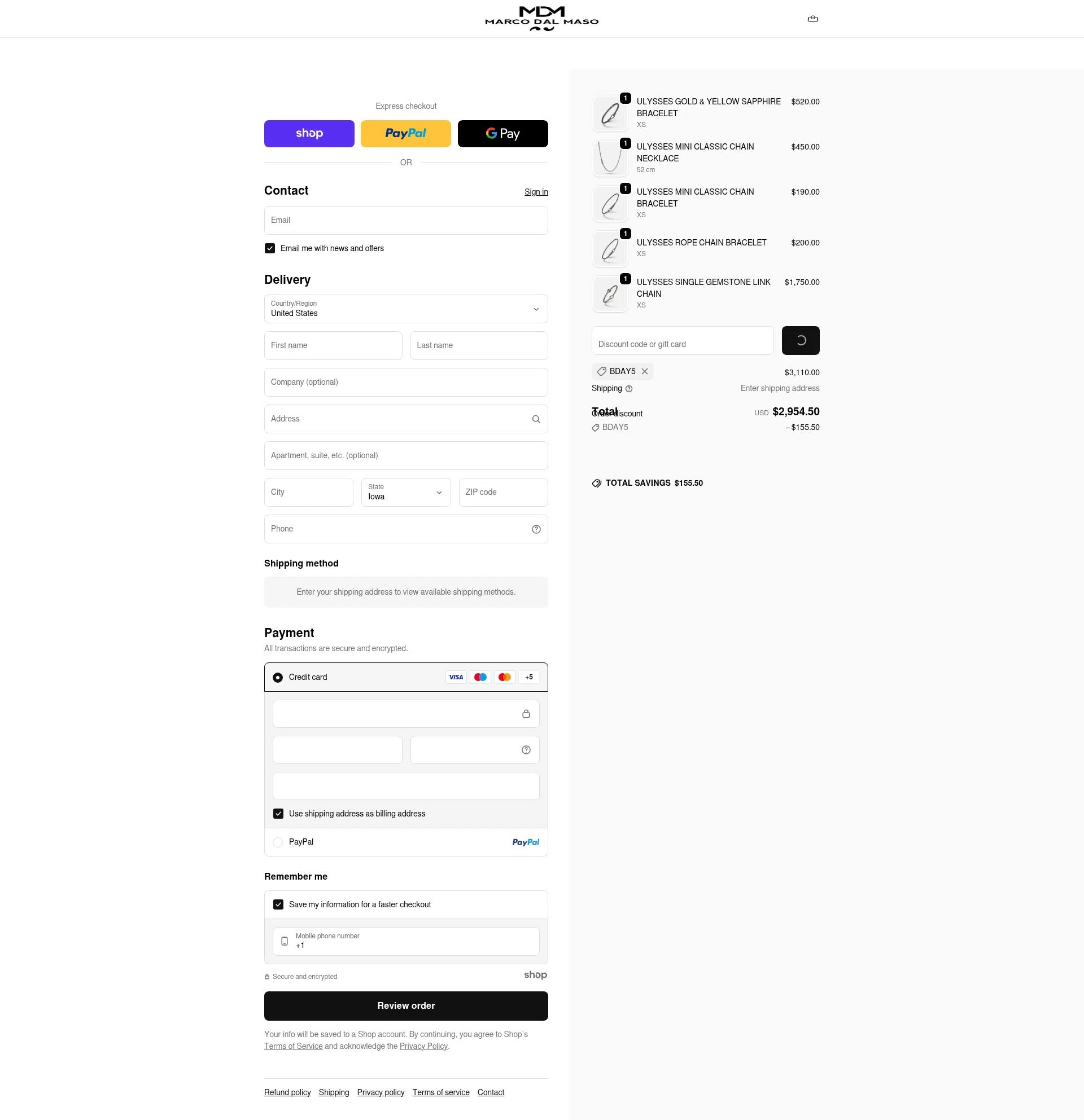 MARCO DAL MASO checkout page showing MARCO DAL MASO promo code box | Screenshot taken by SimplyCodes community member on Dec 17, 2025