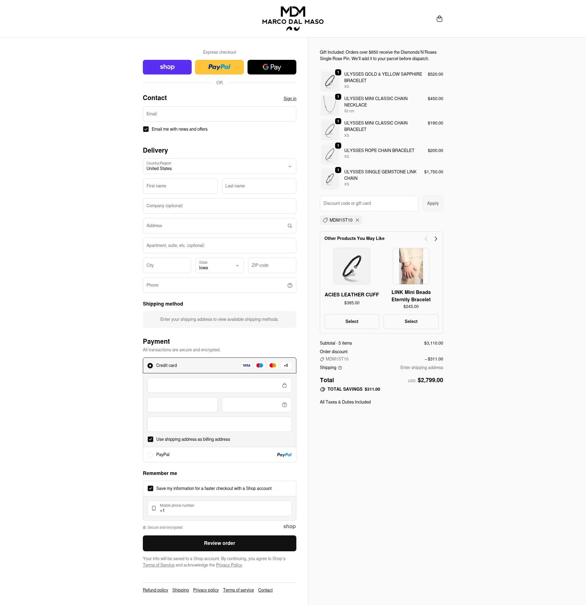 MARCO DAL MASO checkout page showing MARCO DAL MASO promo code box | Screenshot taken by SimplyCodes community member on Dec 11, 2025