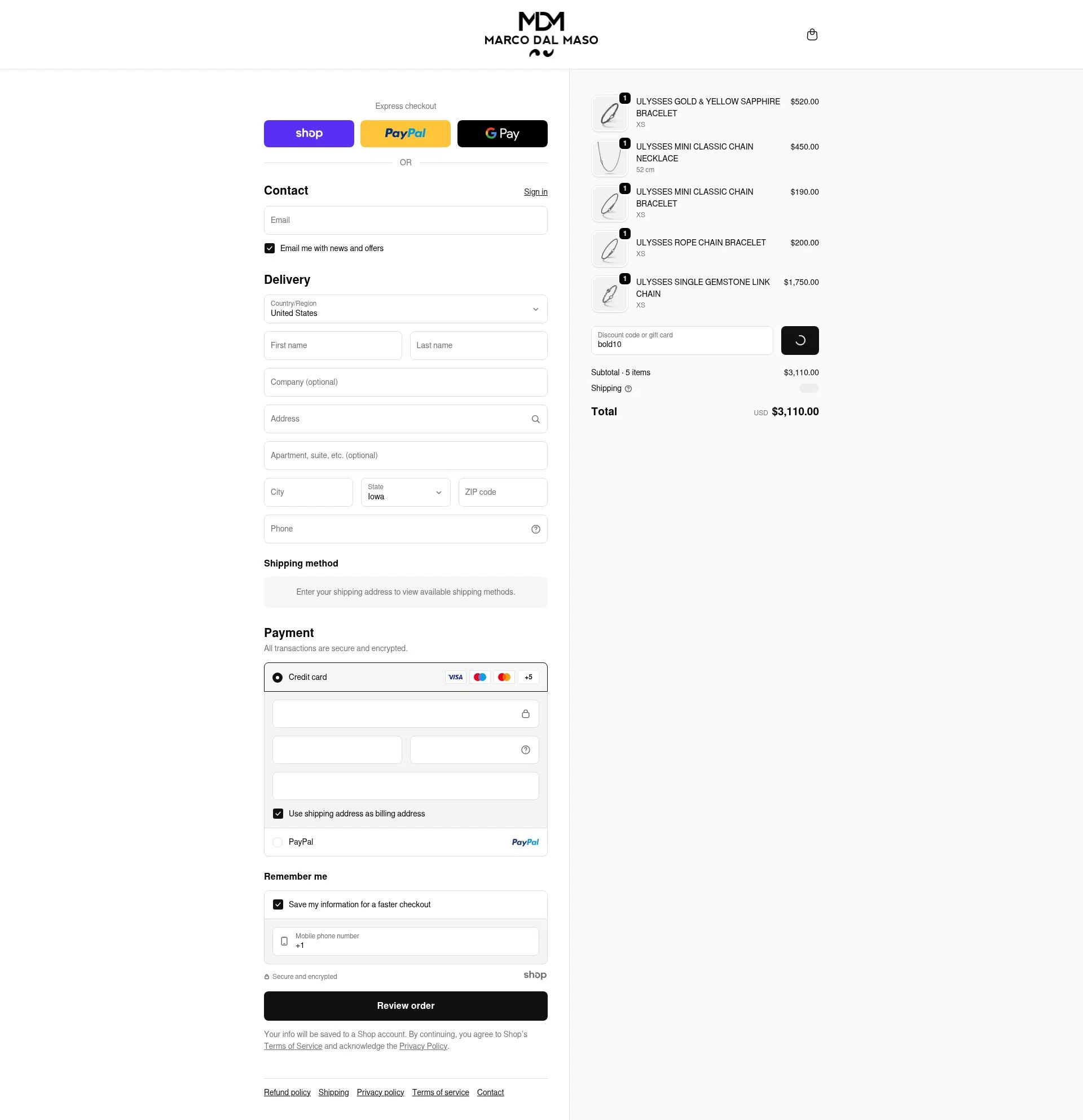 MARCO DAL MASO checkout page showing MARCO DAL MASO promo code box | Screenshot taken by SimplyCodes community member on Dec 17, 2025
