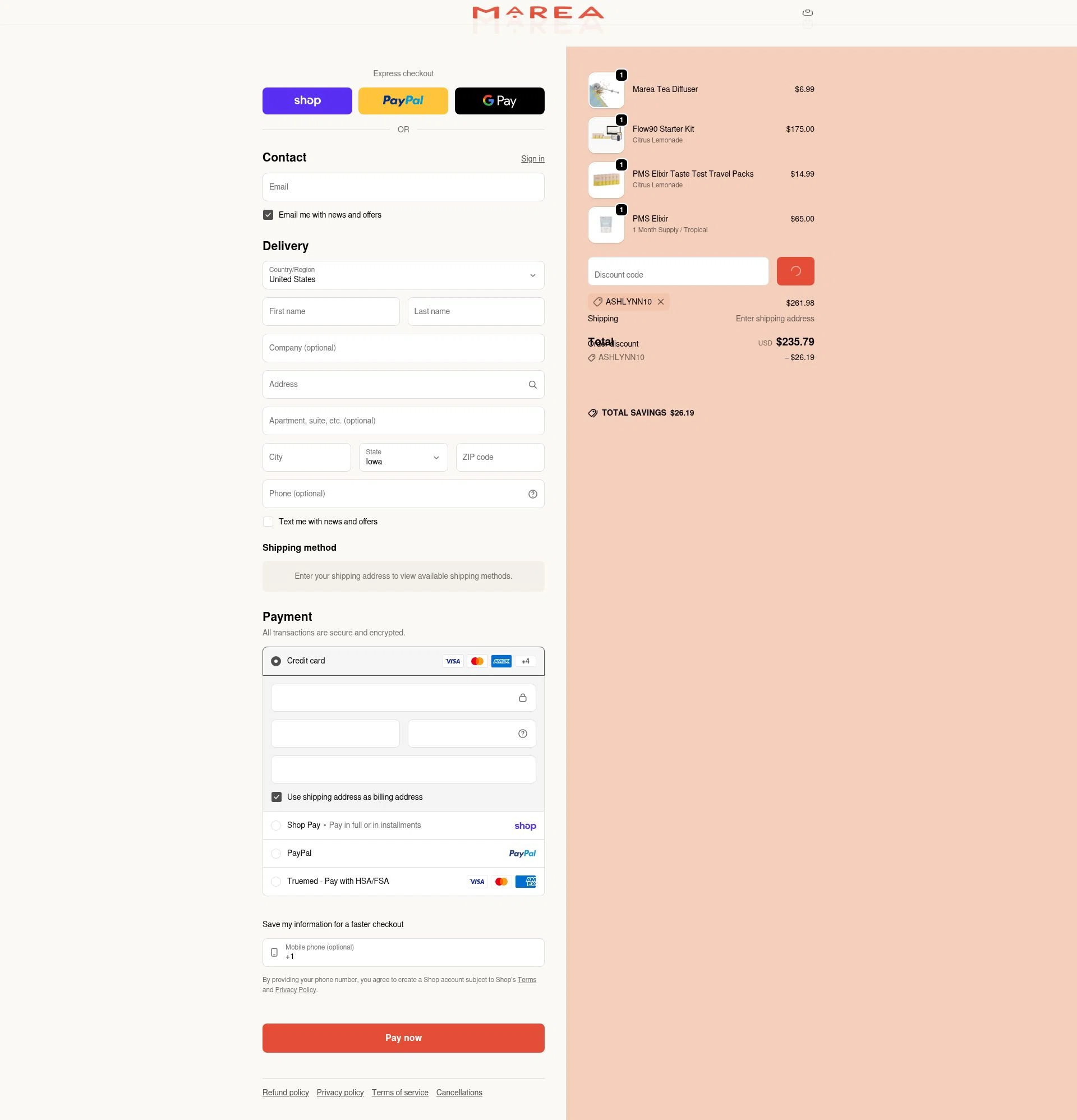 Marea Wellness checkout page showing Marea Wellness discount code box | Screenshot taken by SimplyCodes community member on Feb 2, 2026