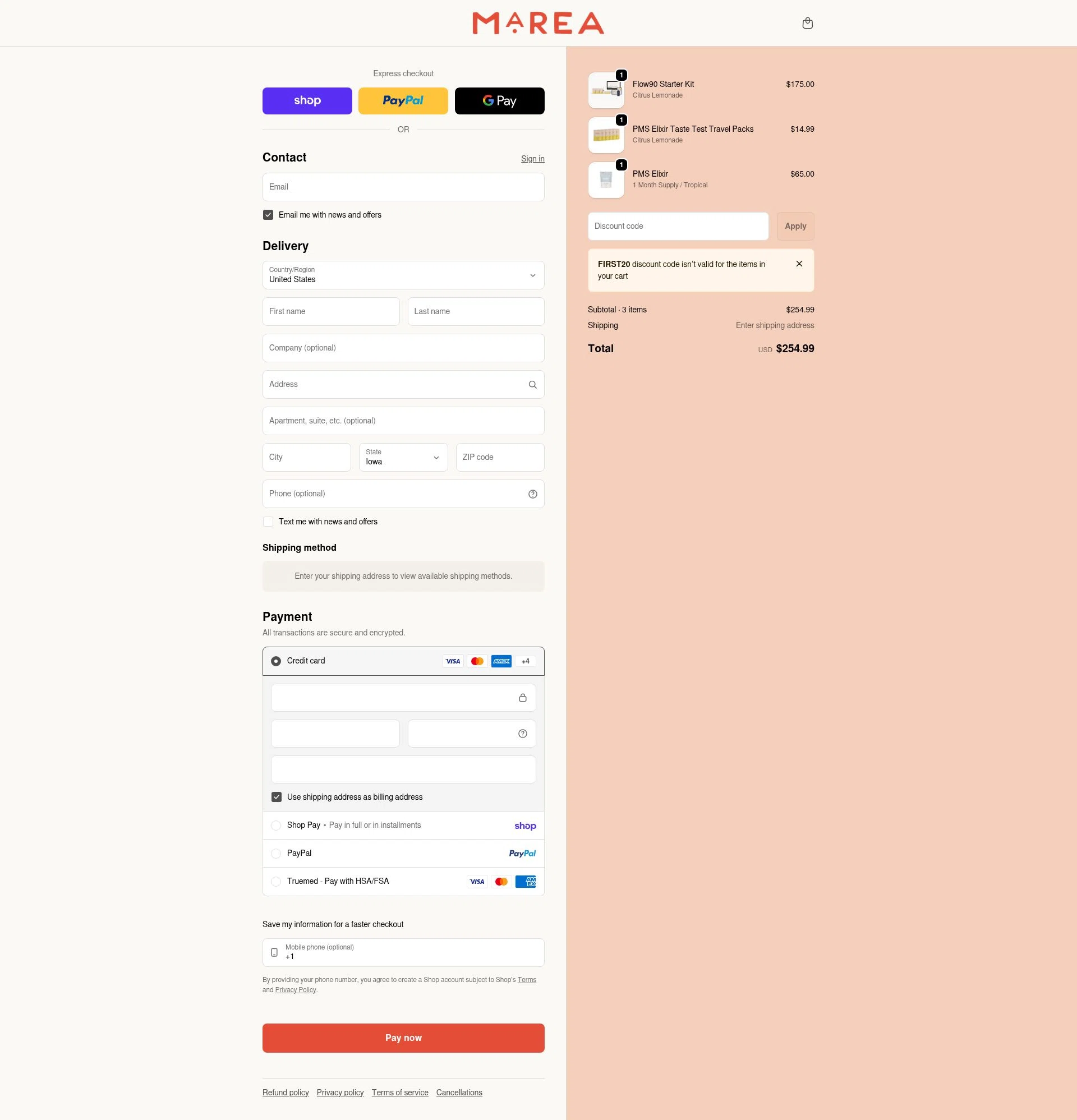 Marea Wellness checkout page showing Marea Wellness discount code box | Screenshot taken by SimplyCodes community member on Feb 6, 2026