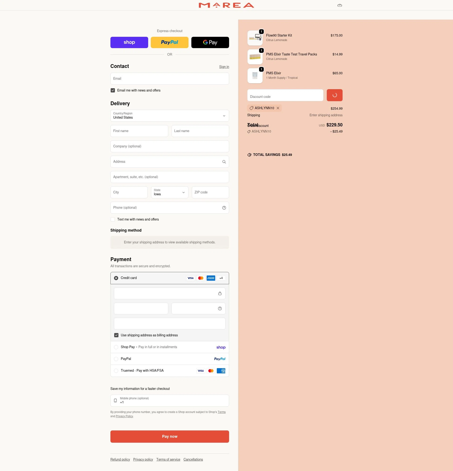 Marea Wellness checkout page showing Marea Wellness discount code box | Screenshot taken by SimplyCodes community member on Feb 6, 2026