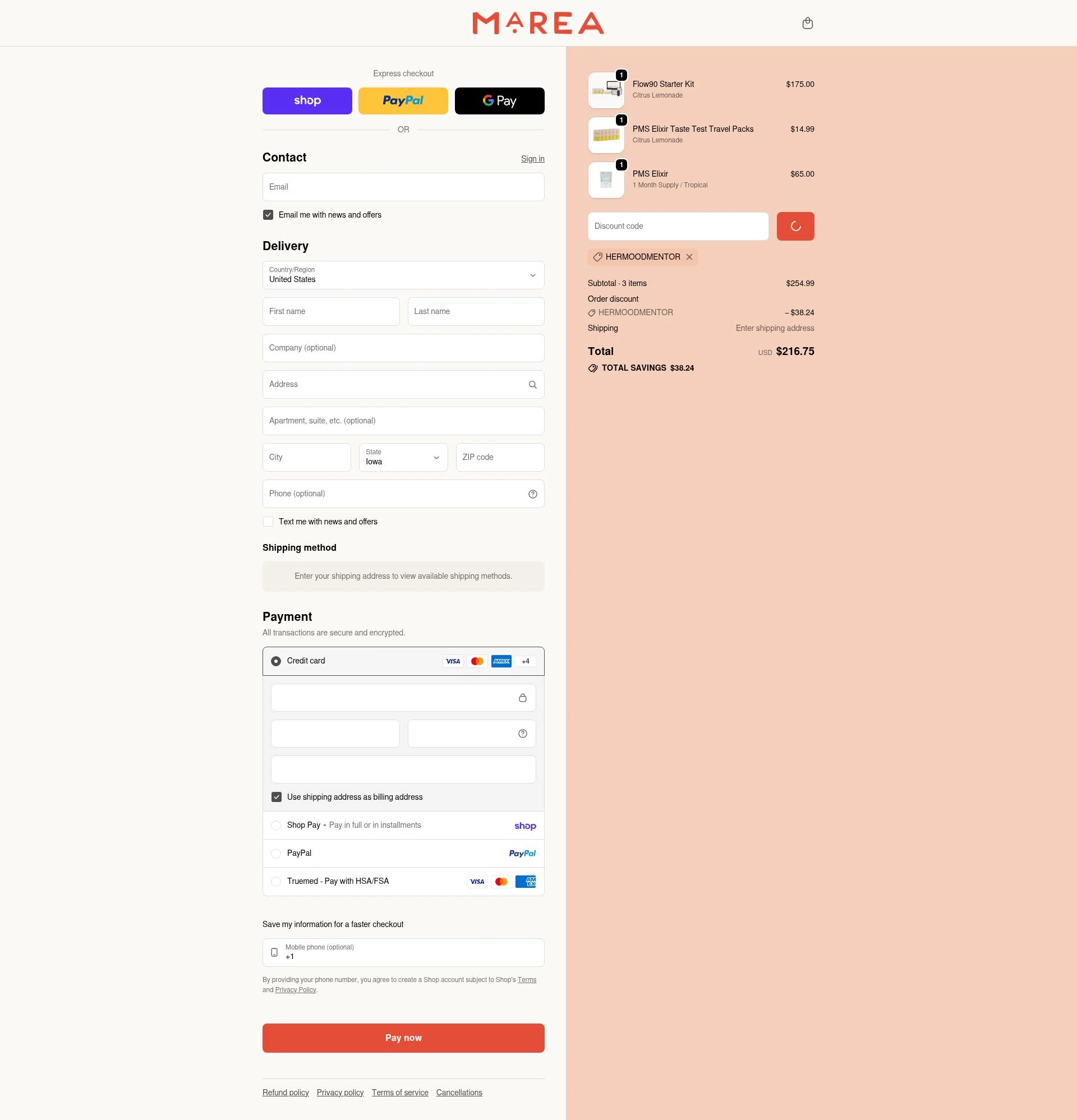 Marea Wellness checkout page showing Marea Wellness discount code box | Screenshot taken by SimplyCodes community member on Feb 6, 2026